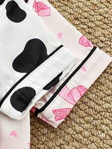 SHEIN 4pcs Baby Girls' Cow Print & Bow Decor Faux Silk Pajama Set, Short Sleeve Top & Pants - Multicolor - View 5