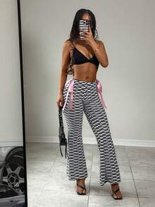 EgrlEra Women's Fashionable Multi-Color Striped Bow Pants, Beach ,Spring Break - Black - View 5