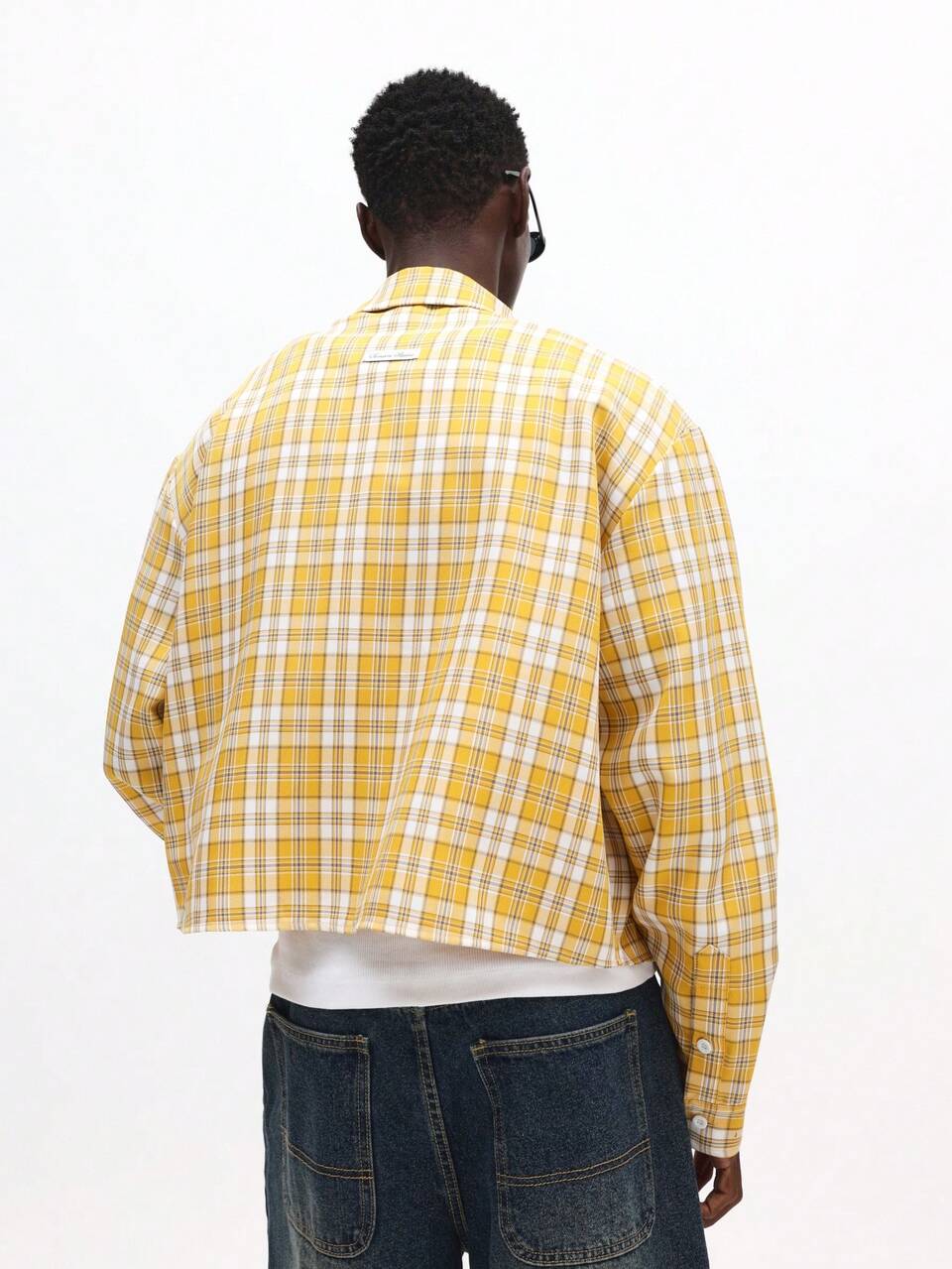 SUMWON Yellow Check Print Long Sleeve Crop Fit Button Up Shirt With Dual Front Chest Pockets Classic Collar Casual Spring Summer Layering Piece