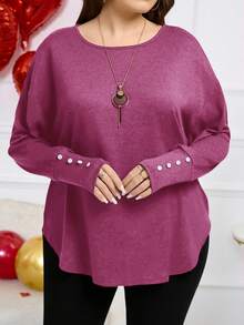 EMERY ROSE Plus Size Women Purple Round Neck Drop Shoulder Long Sleeve Casual T-Shirt - Hot Pink - View 4