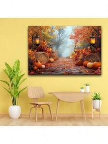 Autumn Harvest Photography Background -1 Pumpkin, Maple Leaves, And Streetlights, Suitable For Autumn Celebrations And Photo Booths - Multicolor - View 2