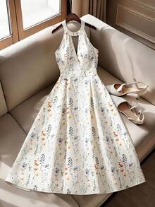 SHEIN Franclia Franclia 女士优雅度假风圆领镂空性感露背碎花连衣裙，碎花连衣裙，春夏款 - 杏色 - 查看 3