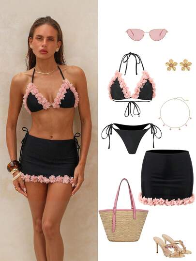 Swim Oasis Summer Beach Women 3-Piece Swimsuit Set: Pink Floral Decorated Triangle Top, Solid Black Triangle Top With Neck Tie, Tie-Side Bikini Bottoms, And Sarong Skirt. Elegant Swimwear Set.