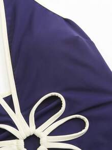 Swim Oasis 海军蓝白撞色V领镂空挂脖泳衣+腰带裙比基尼优雅套装，夏季 - 藏蓝色 - 查看 5