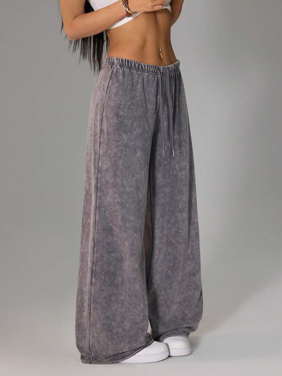 SHEIN PETITE Light Grey Women's Casual Low-Waist Straight-Leg Sweatpants, Suitable For Summer, Washed Snow Flake Effect - Light Grey - View 1