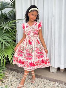 Girls' (Large) Spring/Summer Vacation Beach Floral Bohemian Colorful Ruffled Wrap Collar Fitted Waist Midi Dress - Multicolor - View 5