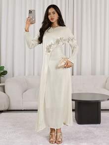 Veilorie Đầm dự tiệc thanh lịch dành cho nữ, đính sequin và hạt cườm, thêu hoa theo phong cách Ả Rập. - Màu be - Xem 6