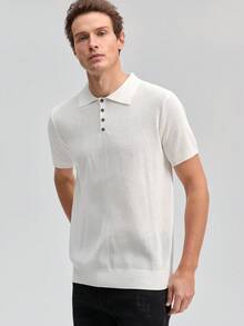 Officeau Men's Hollow Out Design Knitted Polo Shirt, Minimalist Style Suitable For Summer, Old Money Style - White - View 4