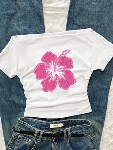 Attitoon Women's Casual Ruched Waist Off Shoulder Fitted Short Sleeve White T-Shirt With Floral Pattern, Suitable For Summer Spring - White - View 3