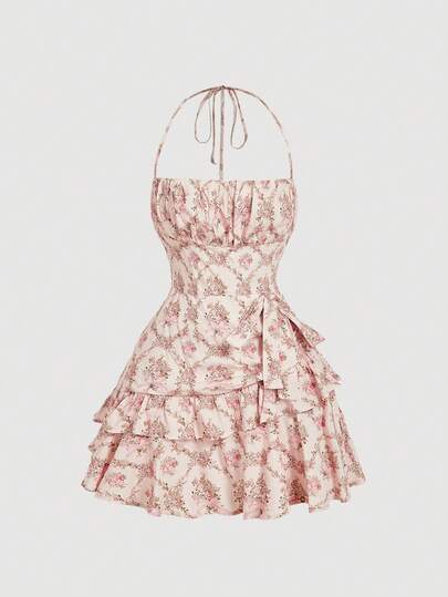 SHEIN MOD Women's Vintage Floral Print Ruffle Trim Backless Tie Pleated Bust Layered Camisole Mini Dress, Spring/Summer, Valentine's Day