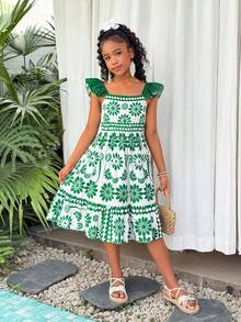 SHEIN Young Girls' Tropical Vacation Ruffled Bowknot Dress, Fresh Floral Print Off-Shoulder Puff Sleeve Elastic Waist Flowy Dress For Beach Holiday - Green - View 4