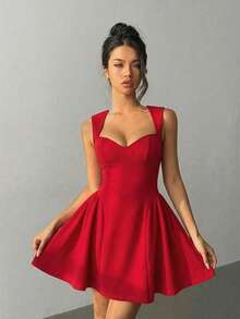 Aloruh 浪漫约会之夜情人节红色大翻领露背无袖修身荷叶边迷你连衣裙（女款）