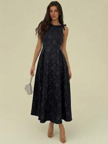 Aloruh Đầm dài nữ kiểu dáng thanh lịch, thắt eo, trang trí nơ jacquard, thích hợp cho các buổi hẹn hò và tiệc tùng. - màu đen - Xem 5