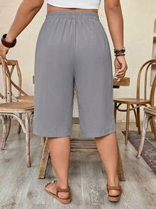 EMERY ROSE Plus Size Women Elastic Waist Side Pockets Rivet Decor Casual Bermuda Shorts - Grey - View 2