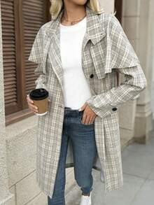 EMERY ROSE 女士格子拼接斗篷设计长袖优雅常规外套格子外套格子风衣格子风衣格子大衣女士长款格子大衣法式服装经典女装巴黎穿搭女士格子大衣女士格子风衣女士法式大衣女士秋季穿搭女士流行穿搭女士经典穿搭女士格子大衣 - 卡其色 - 查看 3