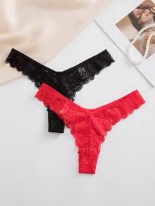 SHEIN 10条装女士蕾丝丁字裤，优雅舒适，黑红组合 - 彩色 - 查看 5