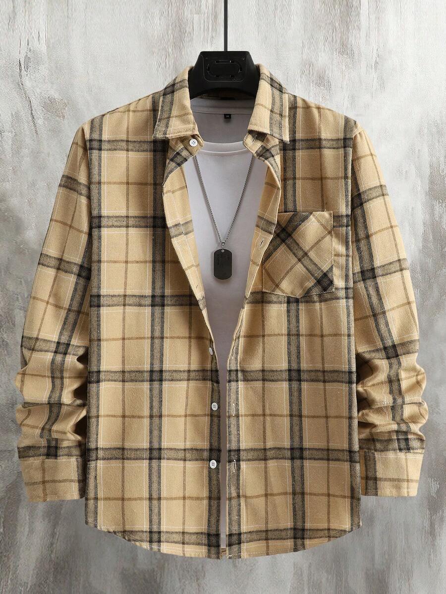 Manfinity Homme 男士格子印花纽扣前襟口袋休闲长袖衬衫 男士纽扣衬衫 男士衬衫 复古男士衬衫 男士叠穿衬衫 格子夹克 男士复古风格，适合日常休闲、周末旅行、户外活动、探险旅行、轻松的工作环境或半正式场合，也是送给男友/丈夫的礼物，周年纪念/生日礼物，适合派对、暑假、新年、婚礼、情人节等场合。 - 彩色 - 查看 1