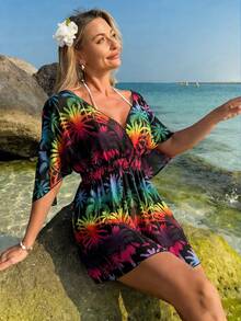 Swim Lushoire Women's Beach Vacation Tropical Print Sheer Mesh Drawstring Waist Midi Casual Cover-Up - Multicolor - View 5
