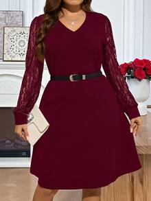 EMERY ROSE Váy dài tay cổ chữ V thêu ren màu đỏ tía thanh lịch cỡ lớn dành cho nữ, mùa thu/đông - Màu Đỏ Sâu - Xem 4