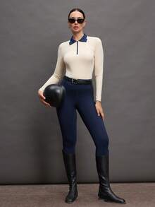 Activina Yellow Knitted Fabric Slim Fit Long Sleeve Stand Collar Equestrian Top For Women - Yellow - View 3