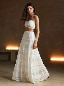 Anewsta Conjunto de dos piezas de unicolor con encaje, estilo de moda europeo y americano, para ropa de fiesta de vacaciones - Blanco - View 1