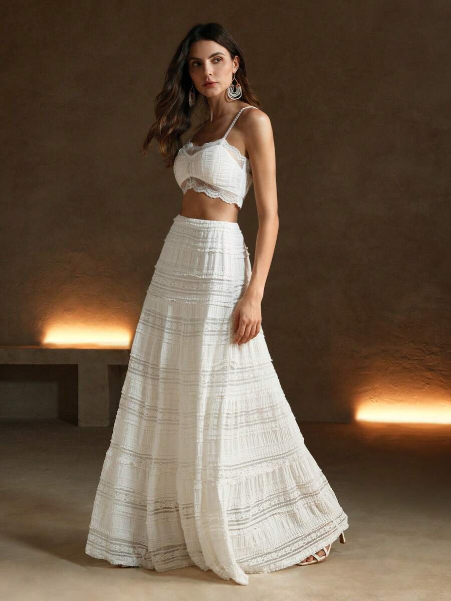 Anewsta Conjunto de dos piezas de unicolor con encaje, estilo de moda europeo y americano, para ropa de fiesta de vacaciones - Blanco - View 1