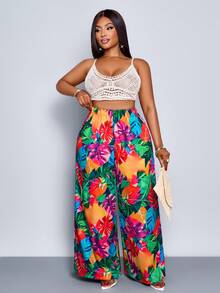 SHEIN PETITE CURVE Women's Tropical Print Loose A-Line Wide Leg Pants For Vacation - Multicolor - View 7