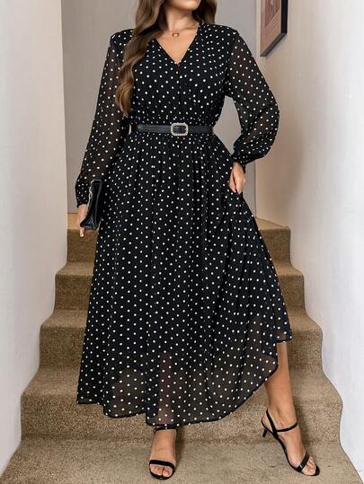 SHEIN LUNE Plus Size Spring Outfit Women Casual Modest Fall Clothes All Over Print Shirred Leopard Long Sleeve Elegant Women Id AI-Adha Dress/Fall Dresses/Fall Women Outfits Fall Wedding Guest Dress Elegant Women Dresses Glamorous Business Casual Woman Work Summer Dress Business Dress Maxi Dress Black Polka Dot Dress Long Sleeve Long Dress Polkadot Dress French Style Dress