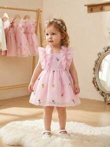 SHEIN 女婴可爱花卉刺绣荷叶边下摆无袖连衣裙，舒适柔软时尚休闲连衣裙，适合春、夏、秋季穿着，适合外出、聚会、送礼。 - 粉色 - 查看 2