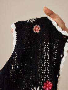 Felipe Marques Women's Floral Embroidery Sleeveless Cardigan, Waist Cinched, Casual Bohemian Style, Suitable For Autumn, Winter, Spring - Black - View 6