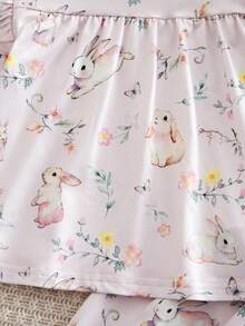 Babyflickor pyjamas - 2-delat pyjamasset Kanintryck Rosa Blommig Volang Axlar Rund Hals Långärmad Resår i Midjan Långa Byxor Tvådelat Nattplagg Bekvämt Lätt Hela Säsong Högtid 2026 Oumbärlig Gåva Barnrum Sovrum Lounge - Babyrosa - Visa 11