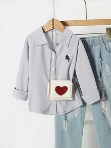 SHEIN 1pc Young Girl Turndown Collar Long Sleeve Button-Up Striped Shirt With Embroidered Front Graphic, Casual Top For Autumn School Girl Preppy Girls Cute School Clothes School Uniform Girl Preppy For 5 Year Olds - Grey - View 3