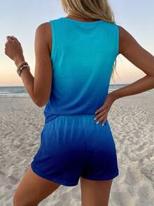 Sylviya 2件套女士休闲渐变蓝色圆领背心和短裤套装，适合夏季和度假穿着 - 彩色 - 查看 3