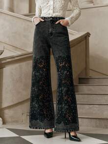 Quần jeans nữ cạp cao, thêu họa tiết khoét lỗ, dáng rộng, thời trang cho mùa xuân/thu, lễ hội và sinh nhật. - màu đen - Xem 4