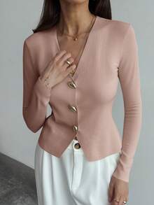 Aloruh 简约杏色V领长袖金属装饰短款女式毛衣，秋冬款 - 藕粉色 - 查看 5