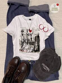 Attitoon 复古休闲风“我爱纽约”字母图案T恤，饰有自由女神像、纽约风景和涂鸦印花，圆领短袖修身女款T恤，适合夏季、复古、学院风、百搭、性感、可爱、Y2K、椰子女孩、波西米亚风、嬉皮风、音乐节等风格，也适合秋冬季穿着。 - 白色 - 查看 3