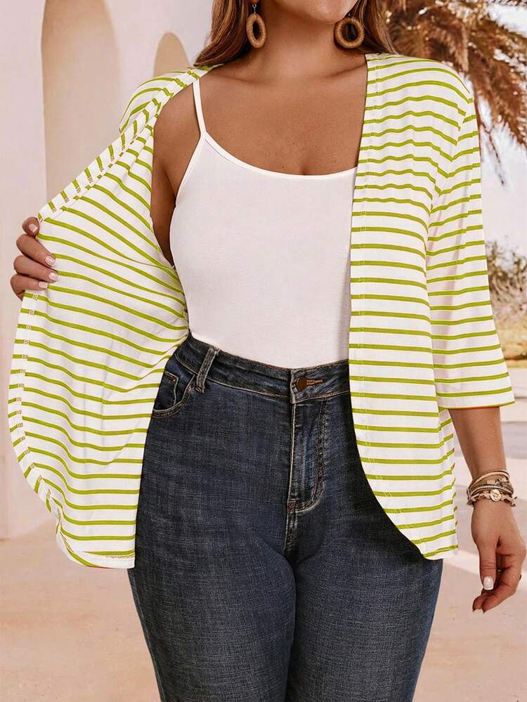 Plus Size Women's Summer Casual Vacation Striped 3/4 Sleeve Jacket Coat,Spring Break, Vacation Women, Holiday For Women,Going Out,2026 New,Simple And Fashionable For Everyday Wear, Summer Cardigan For Women, Women's Striped Cardigan