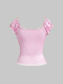 ROMWE Kawaii 女士夏季套装，2件套，V领蝴蝶结装饰撞色波点蕾丝拼接修身上衣和裙子 - 粉色 - 查看 7