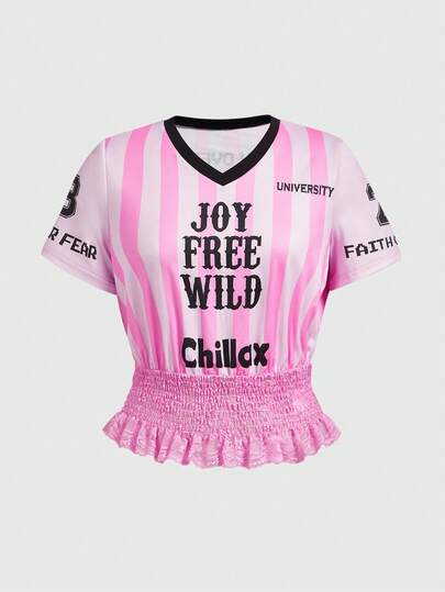 ROMWE Avant Sportliches gestreiftes T-Shirt mit Nummern-Muster und Strick-Patchwork für Frauen