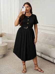 SHEIN LUNE Plus Size Basic Front Button Decor Round Neck Short Sleeve Comfortable Black Dress, Spring/Summer - Black - View 5