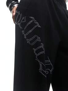 TypaGal Y2K Sexy Black Edgy Chic  Modern Wild Women's Rhinestone Drawstring Waist Slant Pocket Casual Wide Leg Pants Spring Summer  Fashion Street Punk Rock Style Music Festival Concert Hip-Hop Holiday  Going Out - Black - View 7