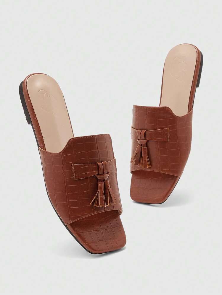 CUCCOO BIZCHIC Women's Fashion Versatile Tassel Decor Coffee Color Flat Slide Sandals, Lightweight And Comfortable Slip-On Flat Sandals