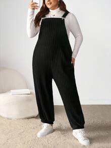 Enliva 大码灰色弹力羊毛罗纹针织背带裤，秋冬款 - 黑色 - 查看 7