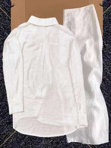 INAWLY 2件套女士休闲骑士刺绣前扣衬衫和裙子套装 - 白色 - 查看 2