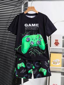 SHEIN 两件套男童街头风休闲霓虹游戏机印花短袖圆领T恤和松紧腰短裤套装，适合秋季、春季、夏季、户外玩耍、上学、街头风、派对和休闲场合。 - 綠色 - 查看 3