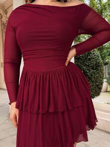 Nezia Cruz Plus Size Elegant Sweet Sexy Women's Black Mesh Asymmetrical Oblique Shoulder Long Sleeve Ruffled Hem Mini Dress, Fairy Core Dress, Suitable For Valentine's Day, Summer, Birthday, Plus Size Formal Party - Burgundy - View 6