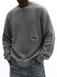 Maglione girocollo a costine SUMWON da uomo con logo frontale, casual, a maniche lunghe, oversize, in maglia grigia tinta unita per l'autunno e l'inverno - Grigio - Visualizzare 1
