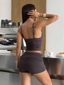 SHEIN EZwear 咖啡棕色针织女式褶皱吊带背心和短裤两件套 - 咖啡棕 - 查看 2