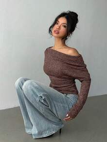 Aloruh T-shirt asymétrique décontracté pour femmes, t-shirt à nœud torsadé de couleur unie pour les déplacements quotidiens et le port à la maison, t-shirt en maille à manches longues - Tabac - Voir 7