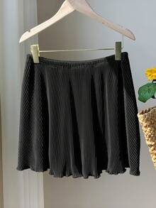 SHEIN EZwear 休闲纯色宽松女裙 - 黑色 - 查看 2